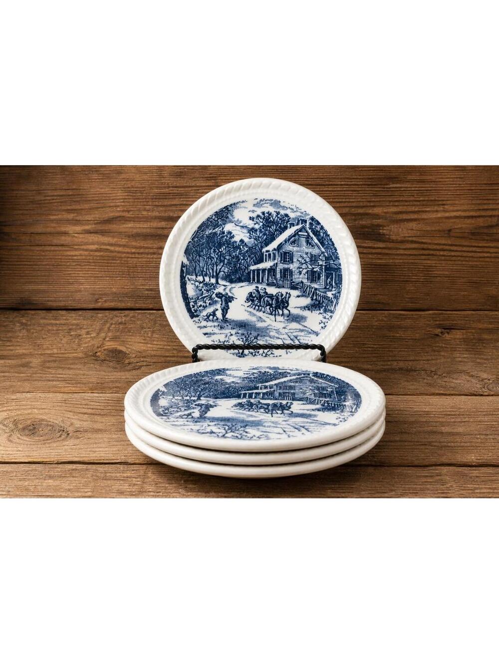 Delft Blue White Winter Scene Plates Set 4 Ceramic Salad Round Transferware